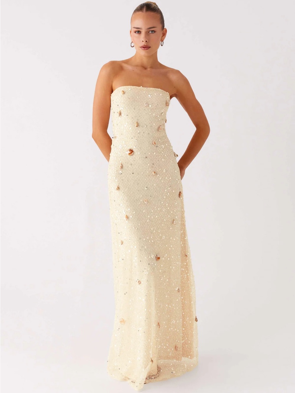 Peppermayo Strapless Sequin Gown in Ivory with Gold Accents